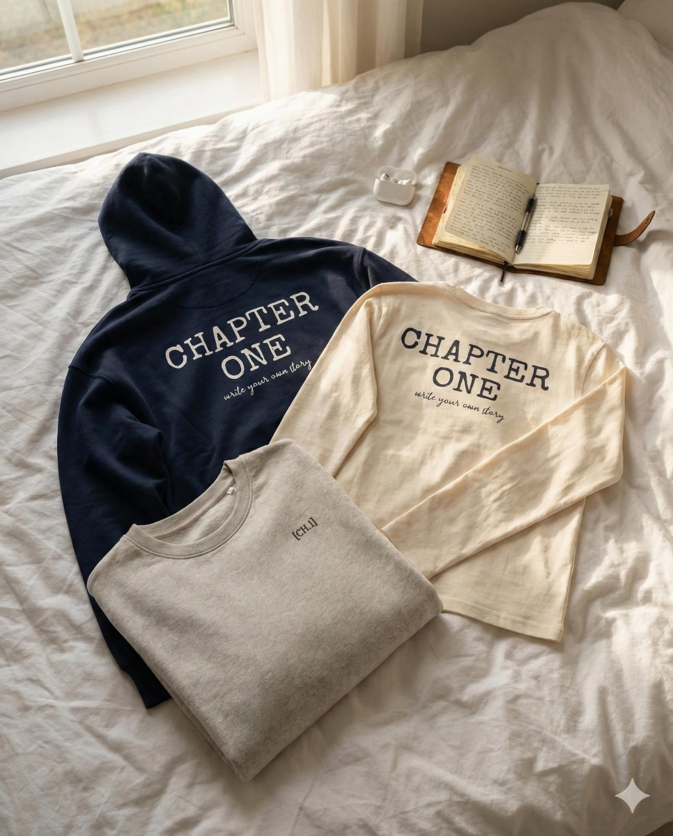 Platliggende Chapter One Essentials op een wit bed: een Midnight Ink Shell Hoodie, een Raw Cotton longsleeve met ruglogo en een opgevouwen Cool Heather Grey crewneck